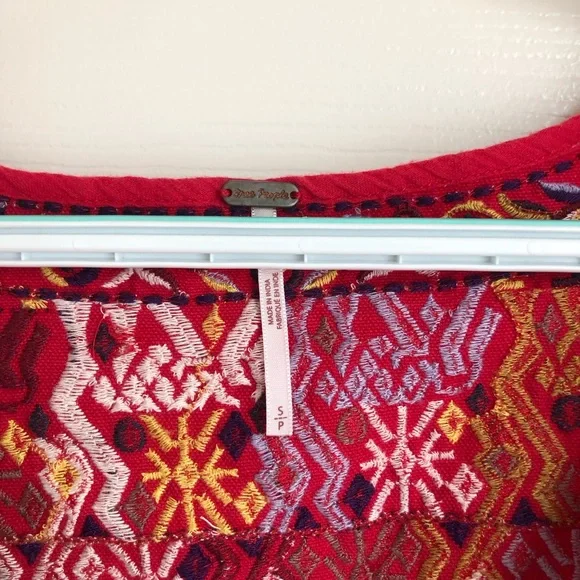 Free People Lohri Red Embroidered bohemian tank top with key hole tie tassels - Picture 5 of 7